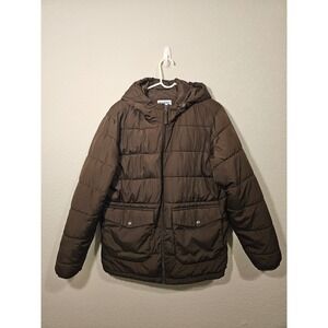 Old Navy Go-Recycled Mens Puffer Jacket Brown Hooded Quilted Parka Medium Indie